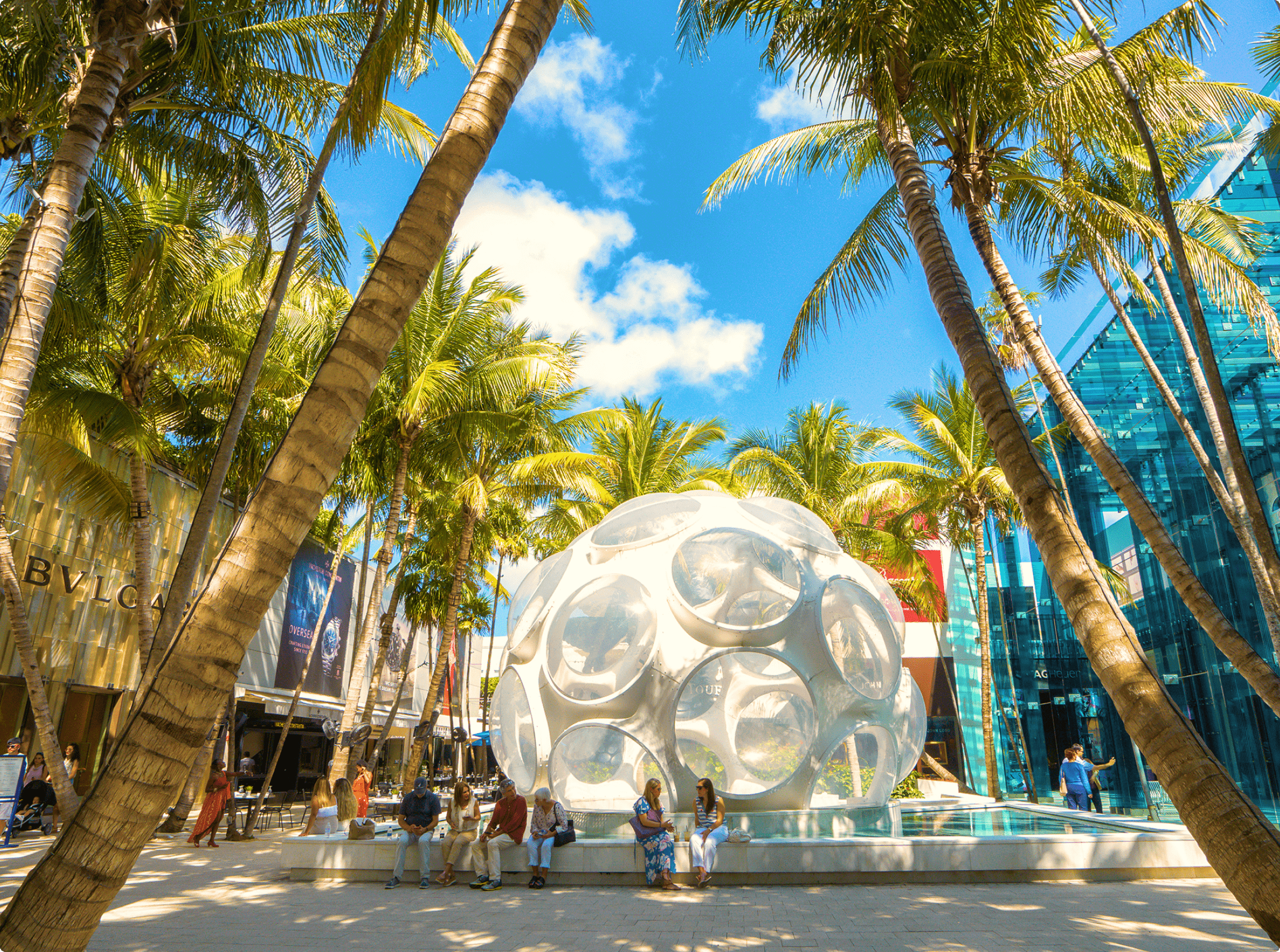 Ph1 Buckminster Fuller's Fly's Eye Dome with people gathered around the iconic geodesic dome
